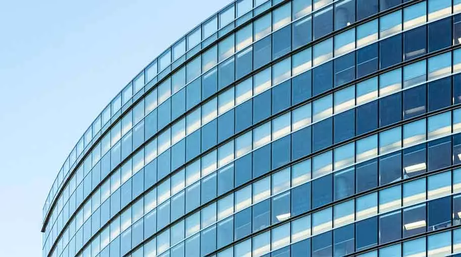 Glass curtain wall facade on a commercial office tower