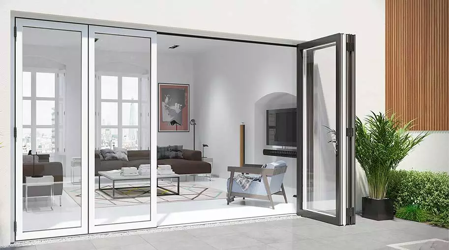 Aluminum folding glass door opening a living room to the patio