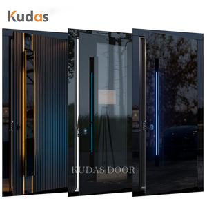 Modern Luxury Black Glass Vertical Fluted Cast Aluminum Exterior Pivot Front Entry Security Entrance Door with LED Light