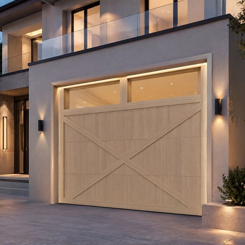 Custom modern faux wood look aluminum garage door